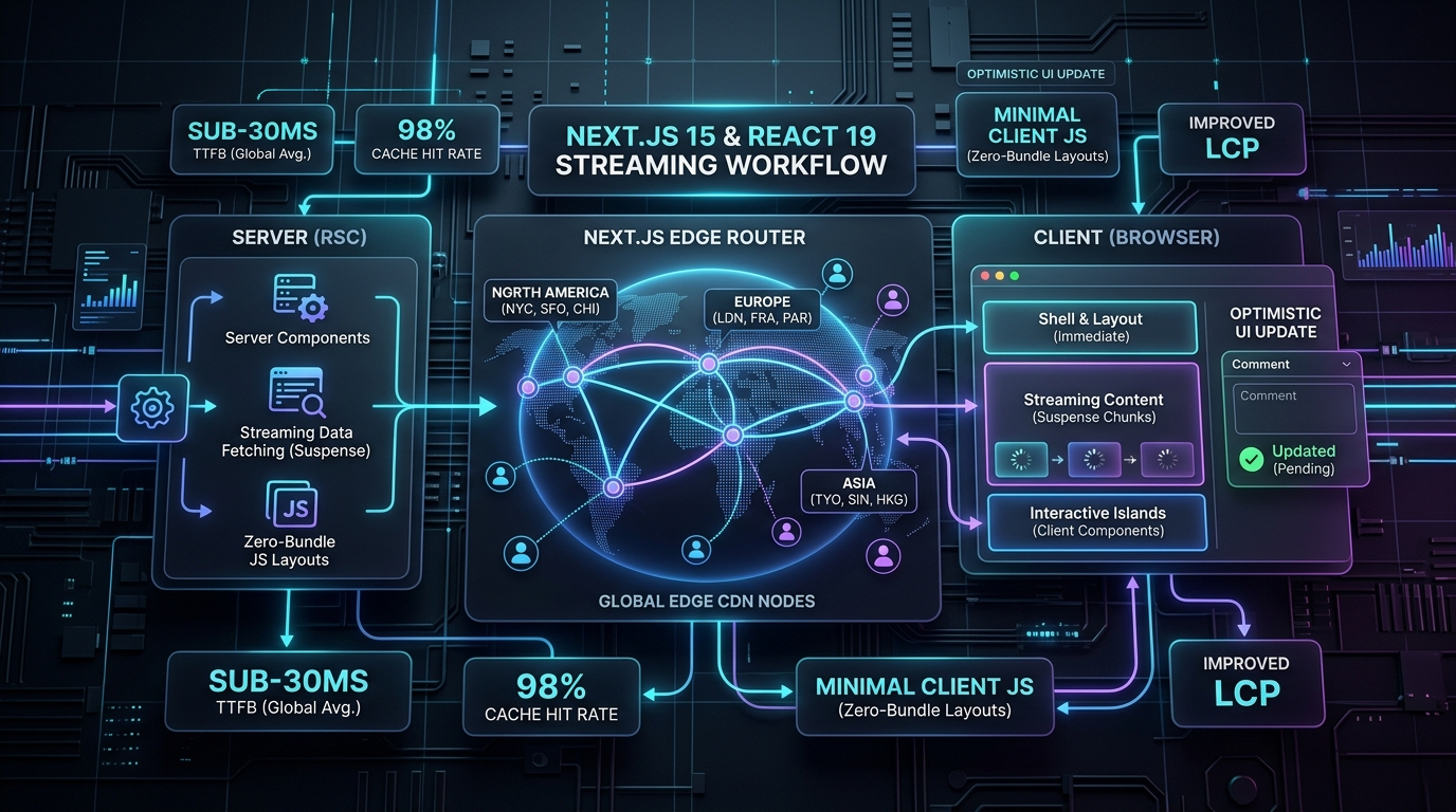 React 19 Server Components and Next.js 15 Streaming SSR Global Edge CDN Topology - NEXUS LABS